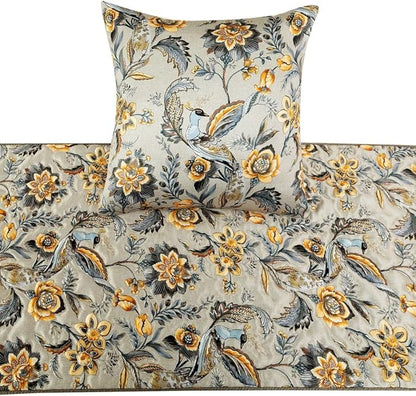 The HomeCentric King/Queen/Twin Grey & Yellow Decorative Queen 74"x18" Bed Runner with Pillow Cover, Peacock, Quilted & Tassels Bed Scarf on Satin Fabric - Peacock Swag