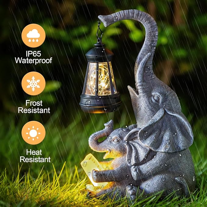 Solar Garden Statue Lights Loving Elephants Figurine