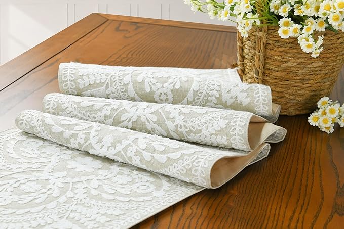 KEVA Boho Table Runner 36inches Long, Farmhouse Rustic Vintage White Embroidered Table Runners 13x36 Inch for Dining Table Decorations