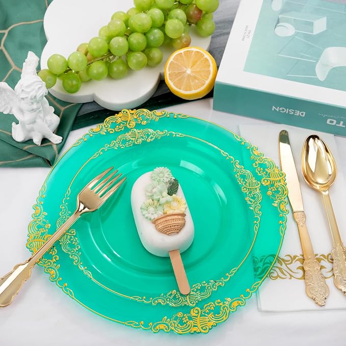 175 Pcs Clear Green Plates for Party | Elegant Disposable Dinnerware for 25