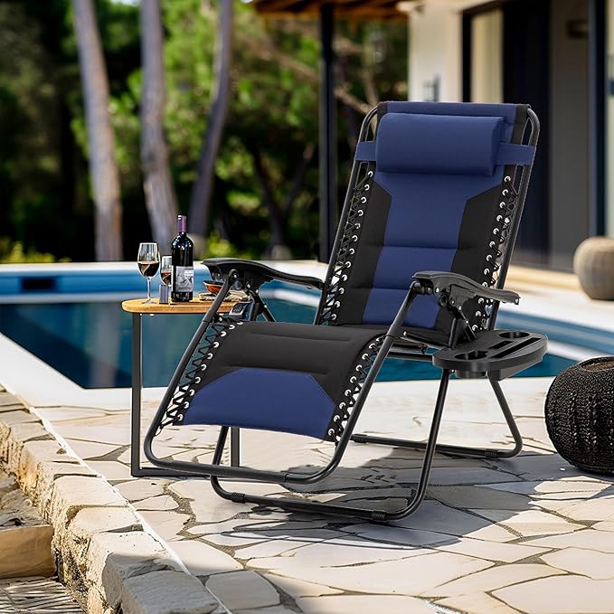 MFSTUDIO Padded Zero Gravity Chair Set of 2, Folding Patio Lounge Recliner with Adjustable Pillows & Cup Holder for Poolside Backyard, Support 400lbs(Navy Blue)