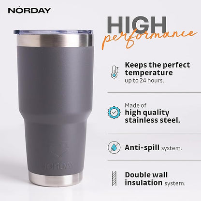NORDAY | Tumbler with Lid - 30oz - Grey Insulated Tumbler - Stainless Steel Tumblers - Double Wall Vacuum Insulated Travel Coffee Mug for Car Cup Holder - Keeps Temperature for 24hr - Anti Spill Lid