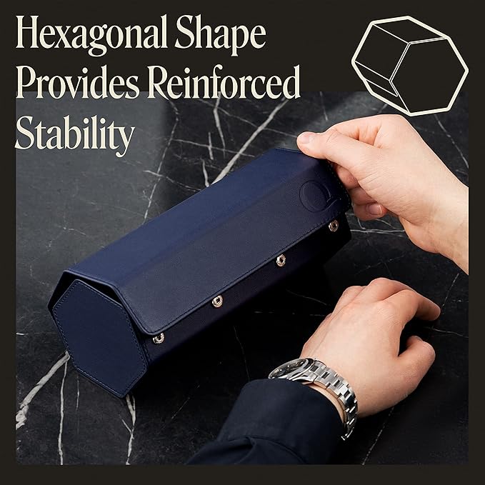 Napa Leather Watch Rolls for Men - Hexagon Triple Watch Roll Travel Case for 3 Watches - Storage Organizer Genuine Leather with Velvet Interior Display (Blue/Black)