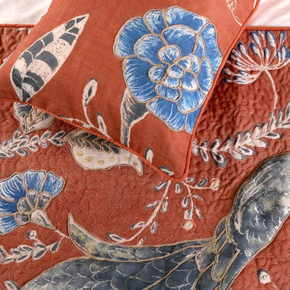 The HomeCentric Orange Bed Runner Without Pillow Cover, King Size 90"x18" Decorative Bed Runner, Rust or Orange Linen Bed Scarf in Quilted Peacock, Linen & Jute Embroidery - Peacock Soiree
