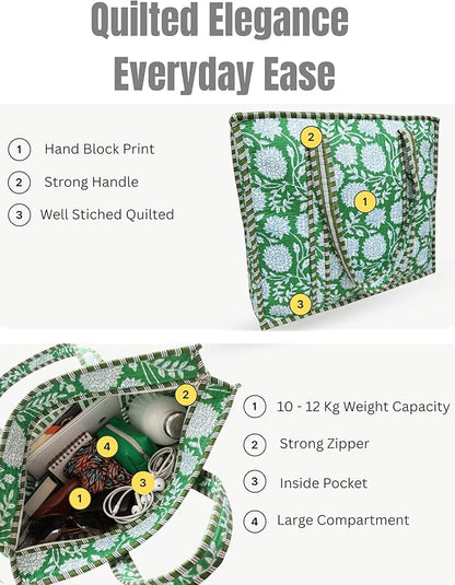 Cotton Quilted Tote Bag for Women – Large Beach & Travel Tote with Zipper, Reusable Grocery Bag