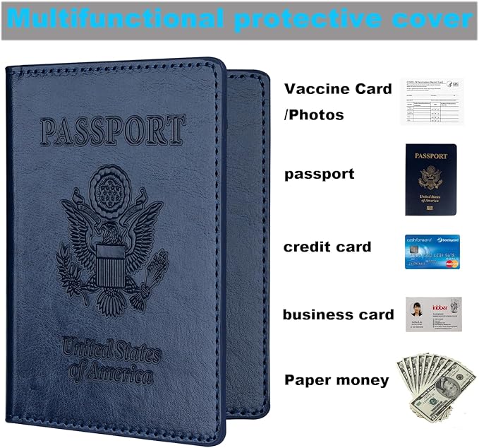 Herain Passport Holder 2Pcs, Passport Cover Wallet Case for Women Men Family, Passports Book Holders Travel Must Haves Cruise Ship Essentials (Dark Blue & Rose Gold)