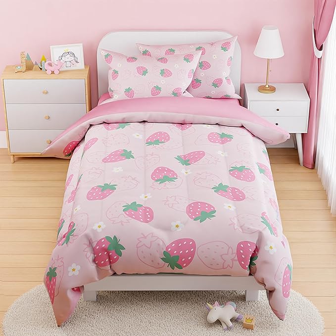 SANDJEST Strawberry Comforter Set Twin Size 68x86in for Kids Girls, Microfiber 3 Pcs Bedding Set Includes 1 Comforter, 1 Pillowcase, 1 Fitted Sheet, Nursery Room Decor