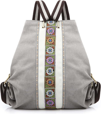 Goodhan Women Canvas Backpack Daypack Casual Shoulder Bag, Vintage Heavy-duty Anti-theft Travel Backpack, Light Grey