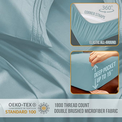 King Size Sheets Set Cooling - Luxury Hotel Sheets - Soft Bed Sheet with Elastic Corner Straps - Deep Pockets Microfiber Bedsheet - Bedding Sheet & Pillowcases - 4 PC (King, Light Blue)