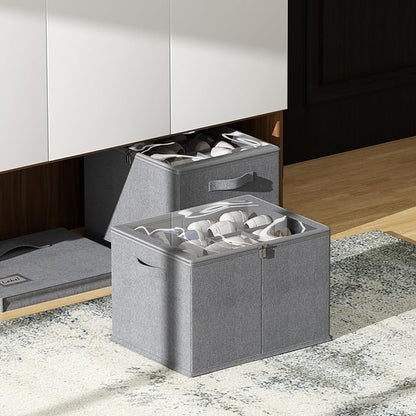 2 Pack Shoe Organizer for Closet - Shoe Storage Bins with Clear Cover, Fabric Shoe Storage Containers with Reinforced Handles, Fits up to 24 Pairs (Grey, 16.5 * 12.6 * 12.2in)