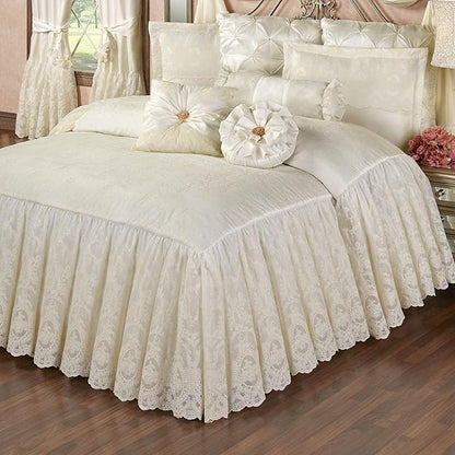 Cameo Lace Luxury Washable Polyester Bedding Set | Vintage Elegant | Pearl | Scroll Leaf Floral Cameo Quilting Embroidered | Set of Five: King Bedspread, Two King Shams, Square and Round Pillows