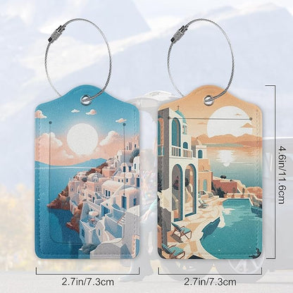 Greek Island Sunset Landscape On The Sea Luggage Tags for Suitcases, 2 Pack Cute PU Leather Suitcase Tag Identifiers with Address Card for Baggage Tag