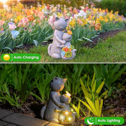 Solar Garden Statues Loving Cat Figurine Lights