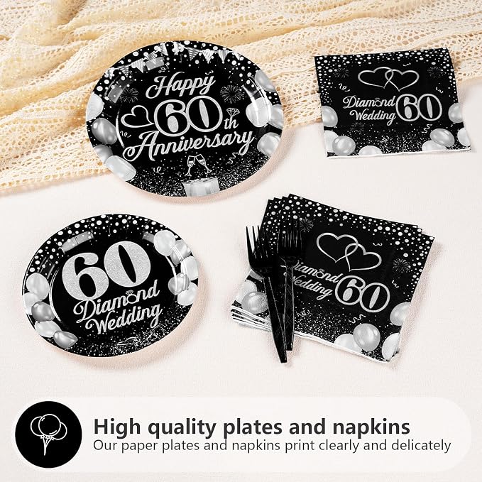Greencian 96Pcs 60th Wedding Anniversary Decorations, Serves 24 | Anniversary