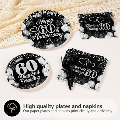 Greencian 96Pcs 60th Wedding Anniversary Decorations, Serves 24 | Anniversary