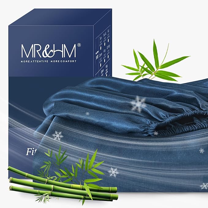 MR&HM Twin Fitted Sheet Only, Ultra-Soft Rayon Derived from Bamboo & Polyester Blend, Silky & Breathable, 15" Deep Pocket with Elastic Straps, Cooling Fitted Sheet for Hot Sleepers, Navy Blue