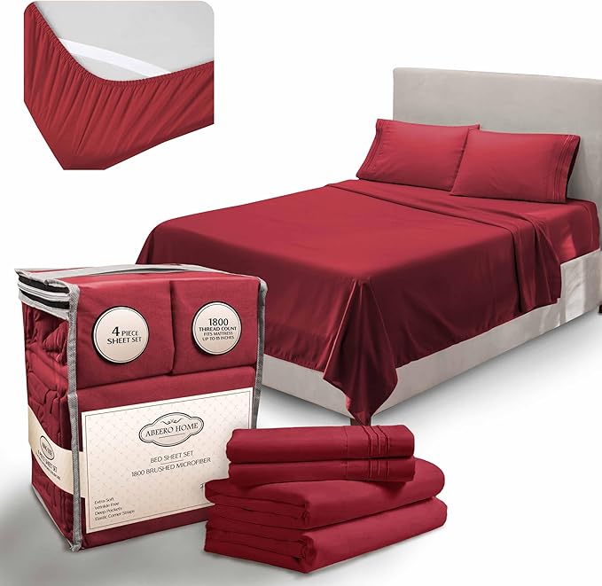 Full Size Bed Sheets Cooling - Luxury Hotel Sheet Set - Soft Sheets with Elastic Corner Strap - Deep Pocket Microfiber Bedsheet - Bedding Sheet & Pillowcases - 4 PC (Full Size, Burgundy)