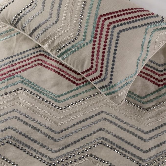 The HomeCentric King Queen Twin Beige Linen Bed Runner with Decorative Throw Pillow Cover, Linen with Embroidery, Chevron Modern Pattern - Dotty Chevron
