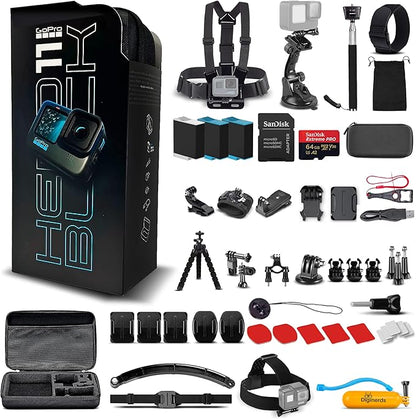 GoPro HERO11 (Hero 11) Black - Waterproof Action Camera with 5.3K Video, 27MP Photos, 1/1.9" Sensor, Live Streaming, Webcam, Stabilization + 64GB Card, 50 Piece Accessory Kit and 2 Extra Batteries
