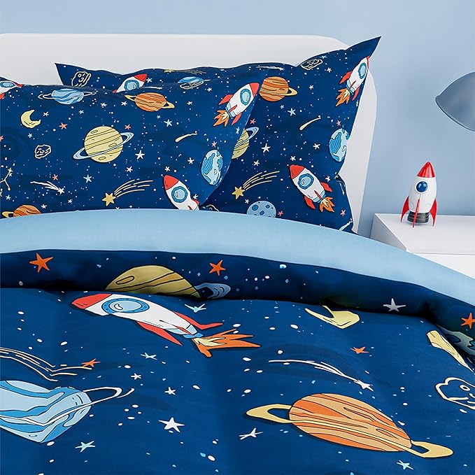 SANDJEST Outer Space Comforter Set Full Size 98x86in for Kids Boys, Microfiber 4 Pcs Bedding Set Includes 1 Comforter, 2 Pillowcases, 1 Fitted Sheet, Nursery Room Decor