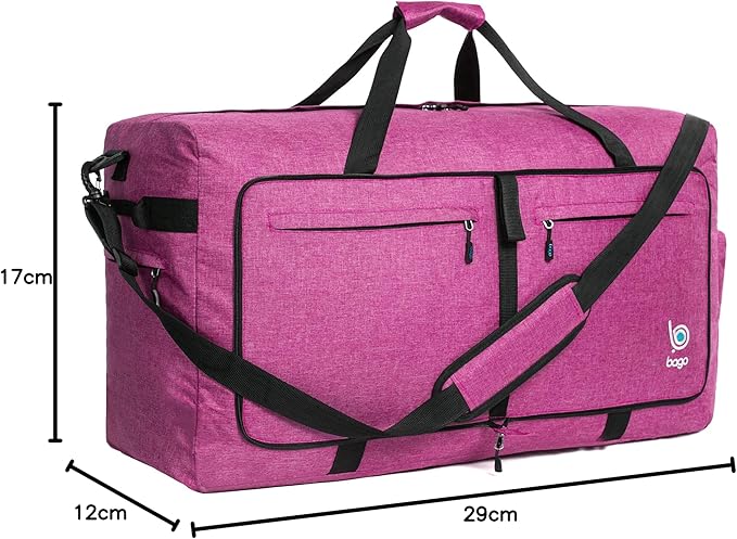 Bago Large Foldable Duffel Bags for Traveling Women & Men - 100L Packable Duffle Bag for Travel with Shoe Compartment - Water Repellant, Heavy Duty, Lightweight Folding & Collapsible (SnowPink)