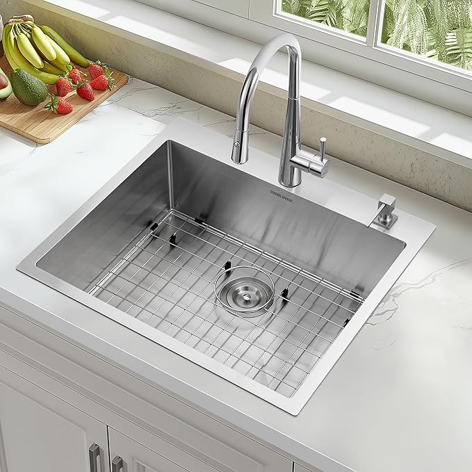 25-Inch Drop-In Kitchen Sink, SINKVINE 25" x 22" Stainless Steel Indoor and Outdoor Sink, Top Mount Large Deep Single Bowl Sink for Laundry Room, with Drain Strainer, Bottom Grid, Roll-up Drying Unit