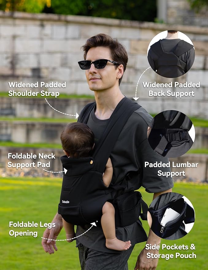 BABELIO Baby Carrier Newborn to Toddler, Wide Shoulder Straps Ergonomic Lightweight Infant Carrier for 7-45lbs, with Head Support, Hands-Free, Black