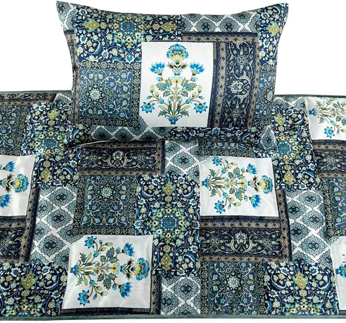 The HomeCentric King/Queen/Twin Blue Designer CA King 86"x18" Bed Runner Without Pillow Cover, Perrsian Pattern & Quilted Bed Scarf on Satin Fabric - Bahar