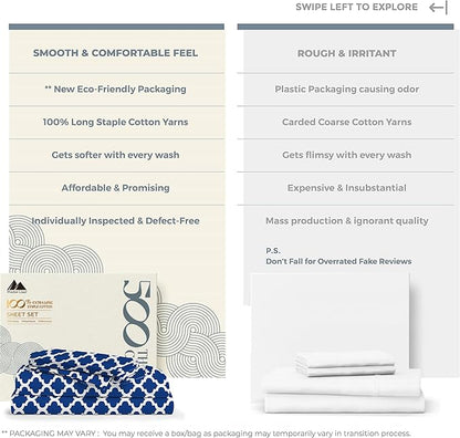 Mayfair Linen 100% Cotton Printed California King Cotton Sheets - 4 PC Cal King Size Bed Sheet Set Cotton (Quatrefoil Navy), Soft, Cooling, Sateen Weave 16" Deep Pocket Bedsheet (Fits 18" Mattress)
