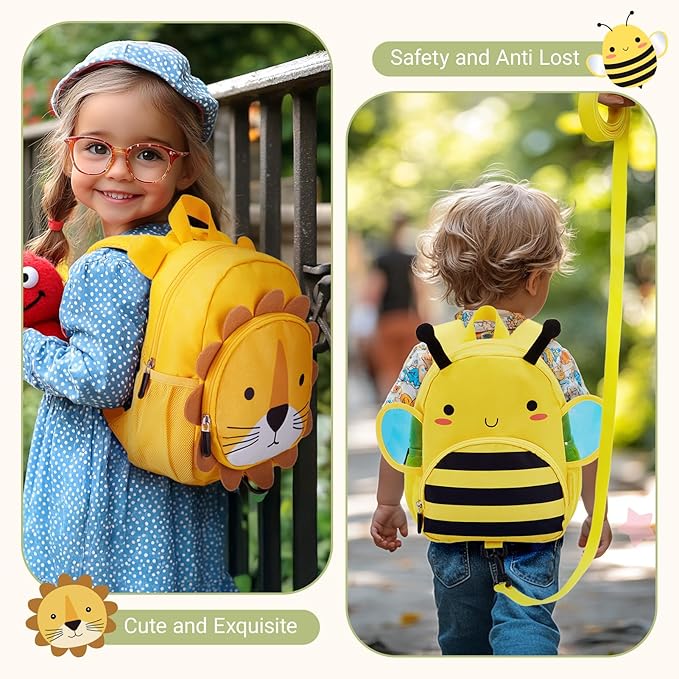 mommore Toddler Backpack for Boys Girls 2-4, 3D Cartoon Mini Kids Travel Bag, Small Baby Backpack with Toddler Leash, Chest Buckle, Water-Resistant Pre-K Schoolbag, Lion