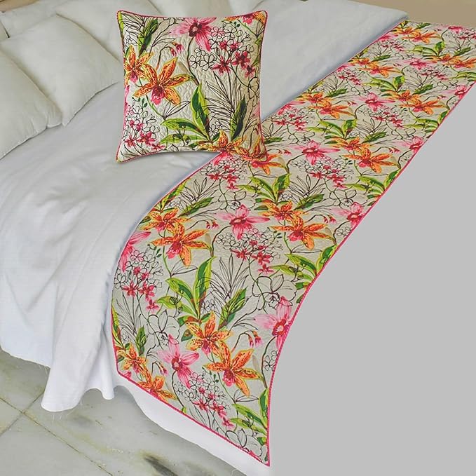 The HomeCentric King/Queen/Twin Pink Decorative Bed Runner Full 68"x18" Bed Runner with One Pillow Cover, Quilted, Pom Pom Lace Bed Scarf on Cotton Fabric - Lily Haven