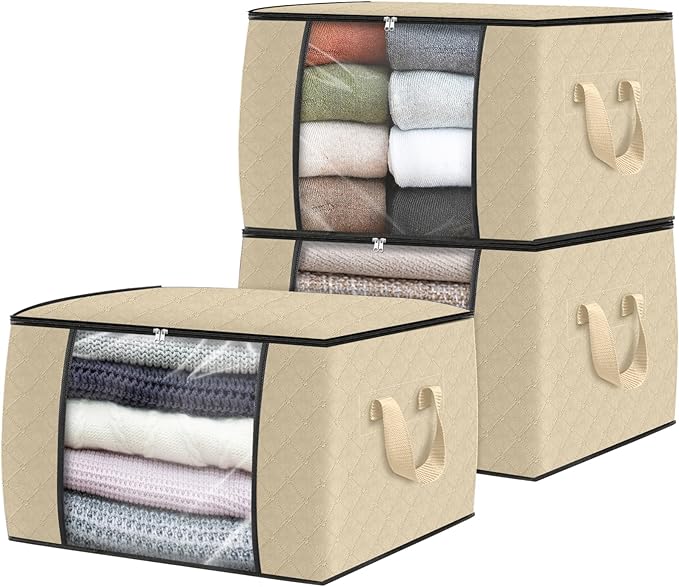 Fab totes 3 Pack Clothes Storage, Foldable Thick Fabric Blanket Storage Bags, Containers for Organizing Bedroom, Closet, Clothing, Comforter, Organization with Handle,Beige