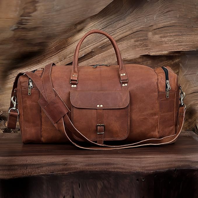 KK's Vintage Leather Duffel Bag, Handcrafted, Stylish & Durable, Ideal for Gym, Travel, Genuine Leather Travel Bag, Brass Rivets & Zippers Size 28"(L),12"(D), 11"(H) Inch