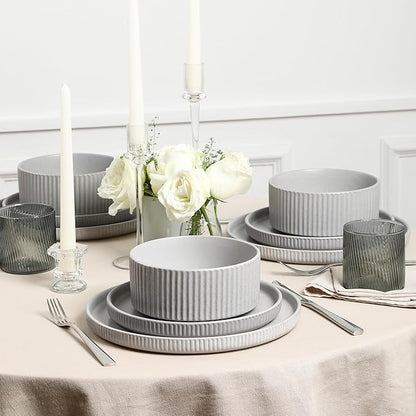 Stone Lain Haven Stoneware 12-Piece Dinnerware Set, Grey - Plates and Bowls Sets for 4, Elegant Dish Set, Includes Dinner Plates, Salad Plates Cereal Bowls, Microwave & Dishwasher Safe