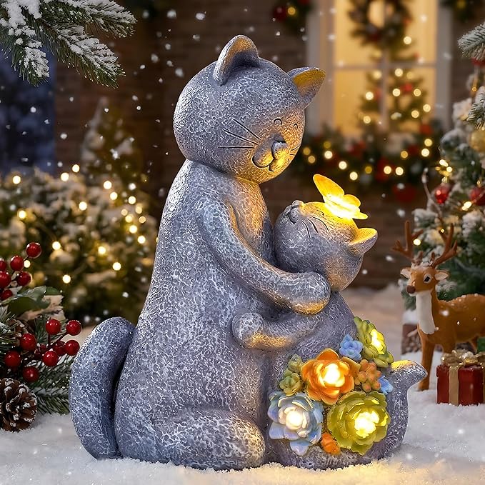Solar Garden Statues Loving Cat Figurine Lights