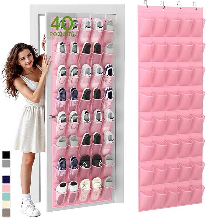 Unjumbly Over the Door Shoe Organizer with 40 Large Breathable Mesh Pockets, Space Saving Shoe Holder, Hanging Shoe Rack for Entryway Bedroom Closet Storage (Pink, 40 Pockets)