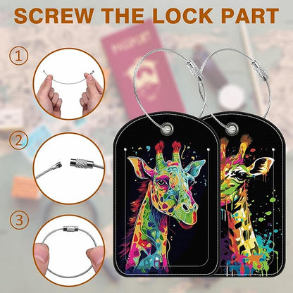 Bright Colourful Giraffe Leather Luggage Tag for Suitcase 2 Pack Luggage Tag with Privacy Name ID Label and Stainless Steel Loop for Travel Bag Suitcase
