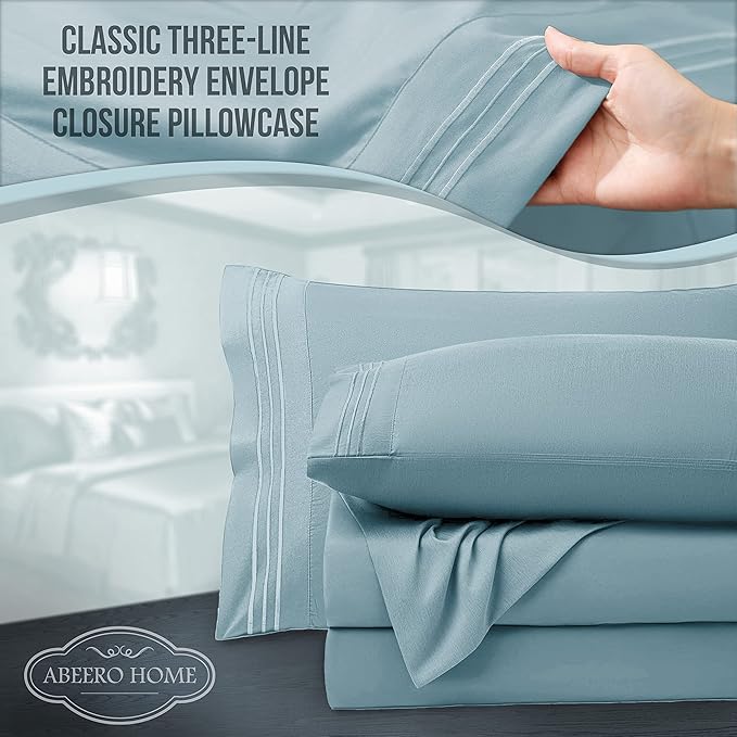 King Size Sheets Set Cooling - Luxury Hotel Sheets - Soft Bed Sheet with Elastic Corner Straps - Deep Pockets Microfiber Bedsheet - Bedding Sheet & Pillowcases - 4 PC (King, Light Blue)