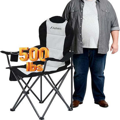 Camping Chairs for Heavy People, Folding Chairs for Outside Outdoor Folding Chairs with Cup Holder & Cooler Bag, Camp Chairs Supports up to 500lbs(2 PC, Black White)