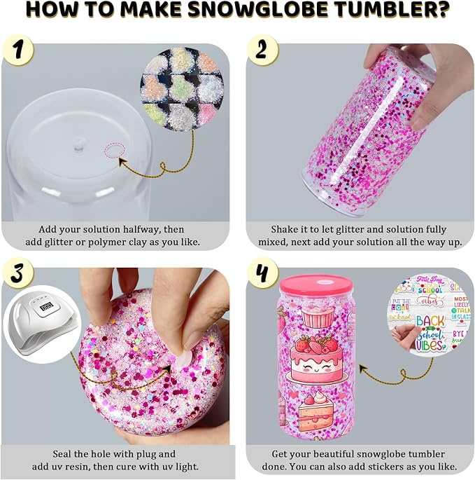 16 Oz Plastic Snowglobe Tumbler, 8 Pack Pre-Drilled Double Wall Plastic Clear