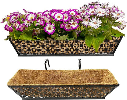 2 Set Deck Railing Planter Box 24" Black Metal Garden Trough Deck Planter