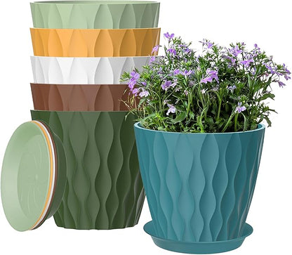 6 Pack 7 Inch Plant Pots with Drainage and Saucers, Stackable Nursery Planters