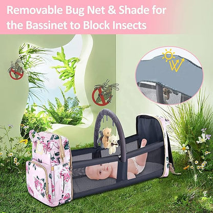 Diaper Bag Backpack with Changing Station, Foldable for Bady Toddler, 3 in 1 Large Capacity Newborn Essentials Organizer with Stroller Hook for Girls and Boys（Pink）