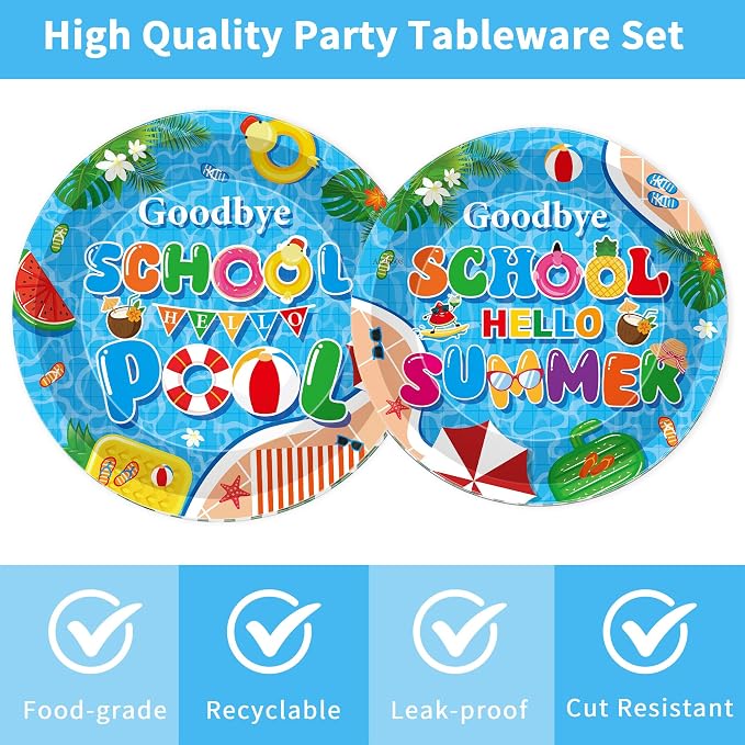 96 Pcs Goodbye School Hello Pool Party Decorations, Summer Pool Party Plates