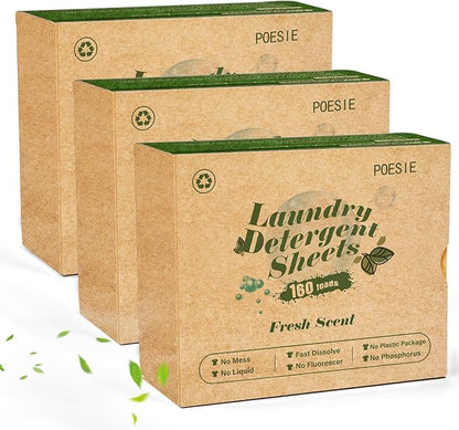 Poesie Laundry Detergent Sheets 3 Pack 480 Sheets 240 Loads Laundry Detergent for Travel Home Save Space Portable Laundry Strips Hypoallergenic Concentrated Soap Washing HE Fresh Scent