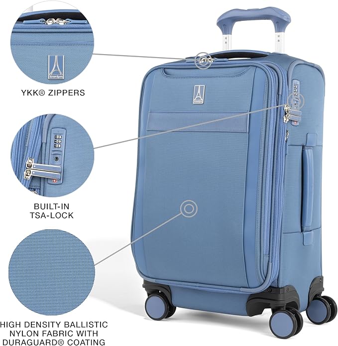 Travelpro VersaPack+ Lightweight Softside Expandable Carry on Luggage, 8 Spinner Suitcase, TSA Lock, Men and Women, Carry On 21-Inch, Elemental Blue