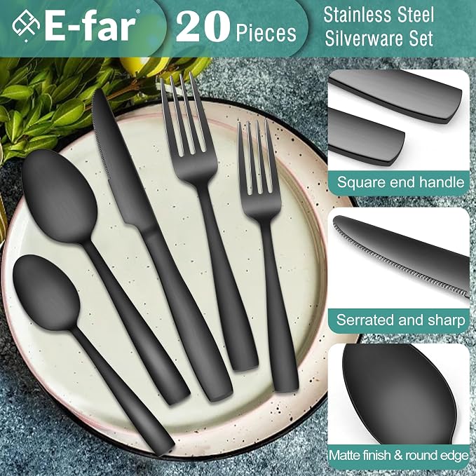 E-far Matte Black Silverware Set