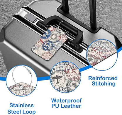Travel Stamp Luggage Tags for Suitcases Leather Travel Tags for Luggage ID Label with Privacy Cover and Stainless Steel Loop for Men Women Suitcase Backpack, Set of 2