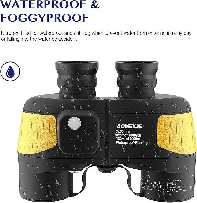 AOMEKIE Marine Binoculars for Adults 7X50 Military Waterproof Binoculars with Illuminated Rangefinder Compass BAK4 Prism IPX7 Fogproof for Boating Navigation Hunting Fishing Water Sports