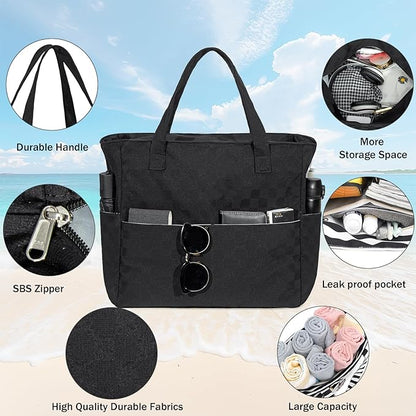 LEDAOU Beach Bag Waterproof Sandproof Women Tote Bag Pool Bag with Zipper for Gym Grocery Travel with Wet Pocket